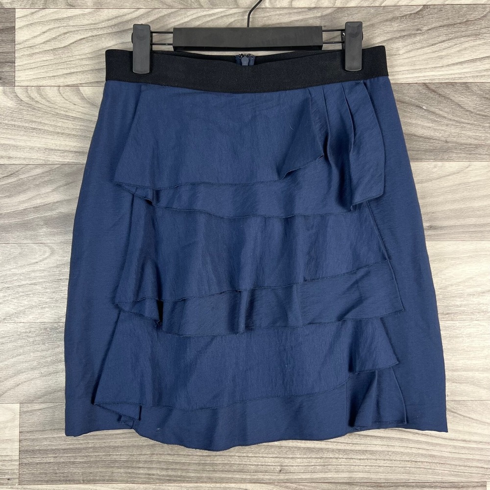 BCBGMAXAZRIA Skirt Womens 0 Blue Tiered Ruffle Rayon Blend Lined Pockets Zip